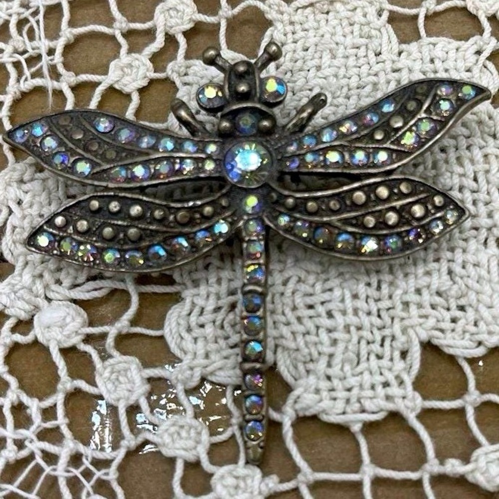 KIRKS‎ FOLLY AB CRYSTAL BEAD DRAGONFLY BROOCH/PENDANT NECKLACE